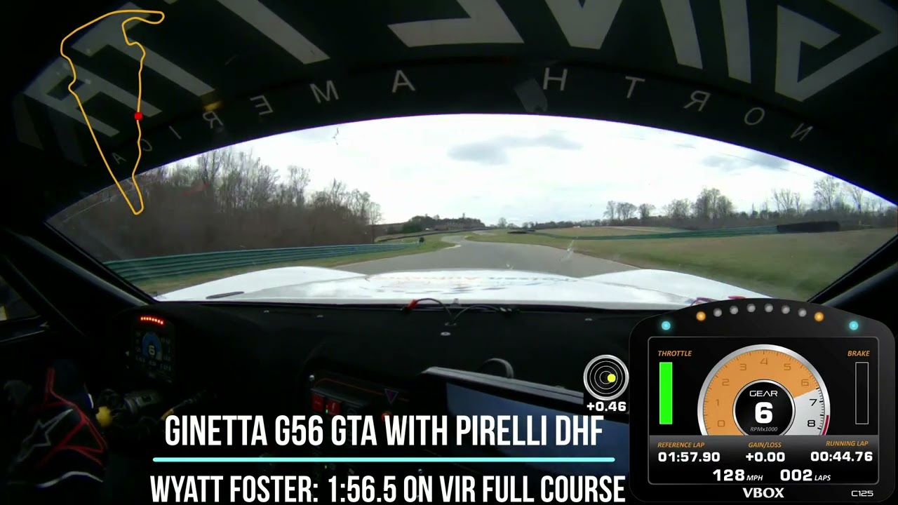 Ginetta G56 GTA on VIR Full Course driven by Kaizen Pro Wyatt Foster sets a new fast lap of 1:56.5
