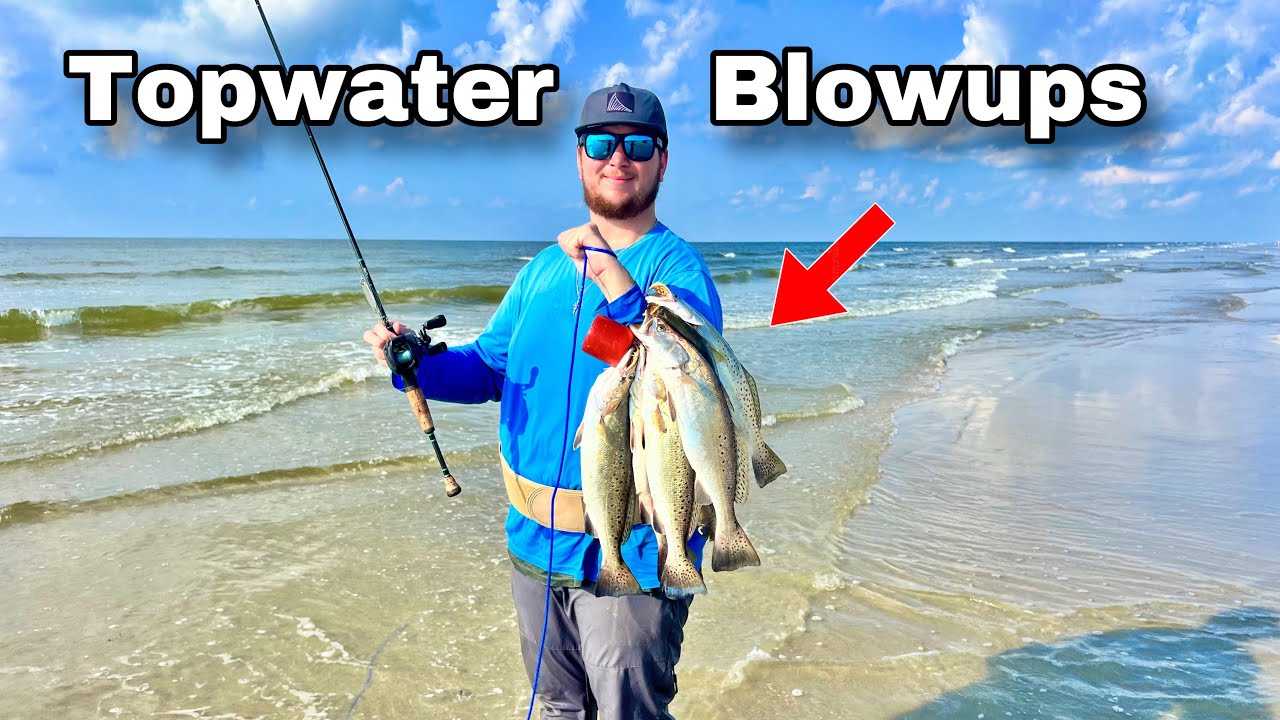SURF FISHING for LIMITS of BIG SPECKLED TROUT on TOPWATER LURES!  (Catch & cook)