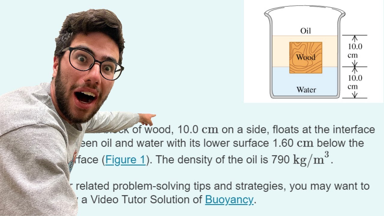 A cubical block of wood, 10.0 cm on a side, floats at the interface between oil - Problem 12.33