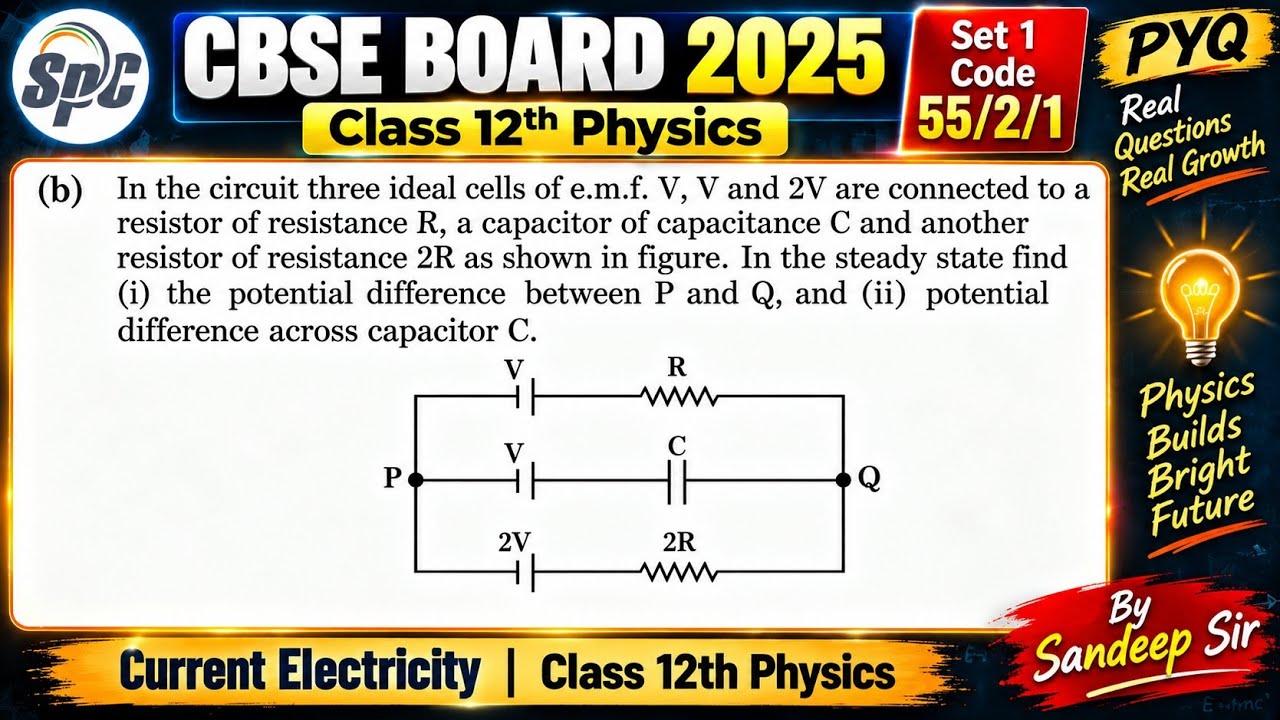 Q17 In the circuit three ideal cells of emf V, V and 2V are connected to a resi [ 55/2/1 CBSE 2025 ]