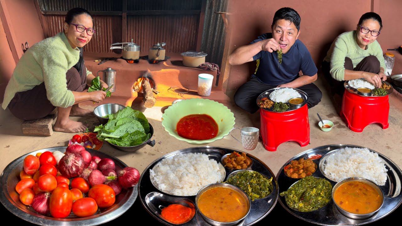Vegetable  Thali Recipe - Soya Chunks Masala, Rayo Saag & Rajma Curry with Rice in Village Kitchen