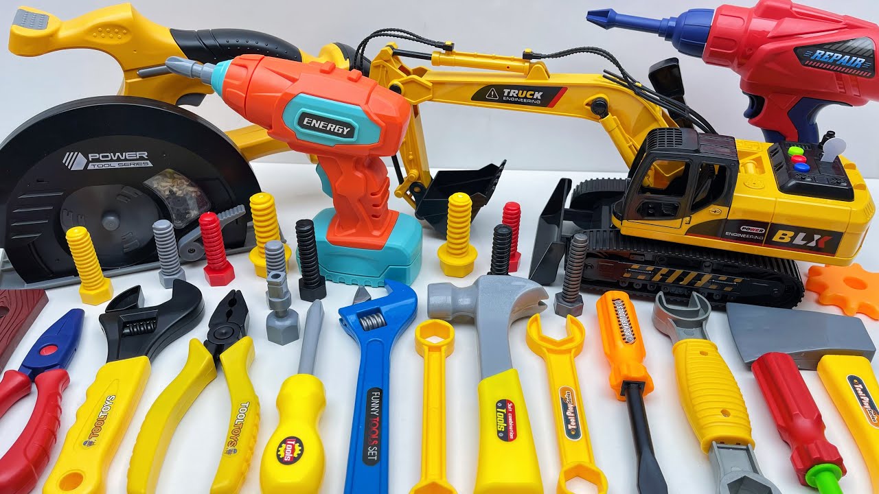 12-Minute Unboxing: Construction Site Excavator - From Toolbox Drill to Chainsaw | Toy Review