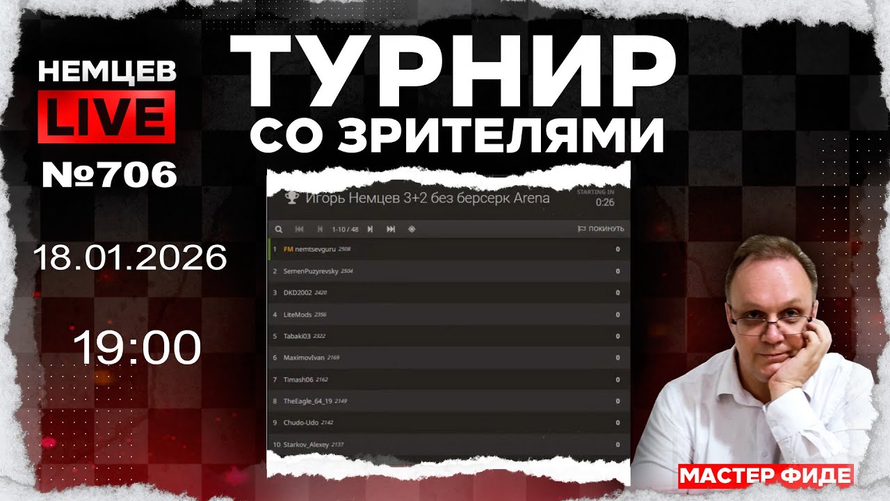 Немцев Live № 706. Турнир на lichess. 18.01.2026, 19:00. Игорь Немцев. Шахматы [RU] lichess.org