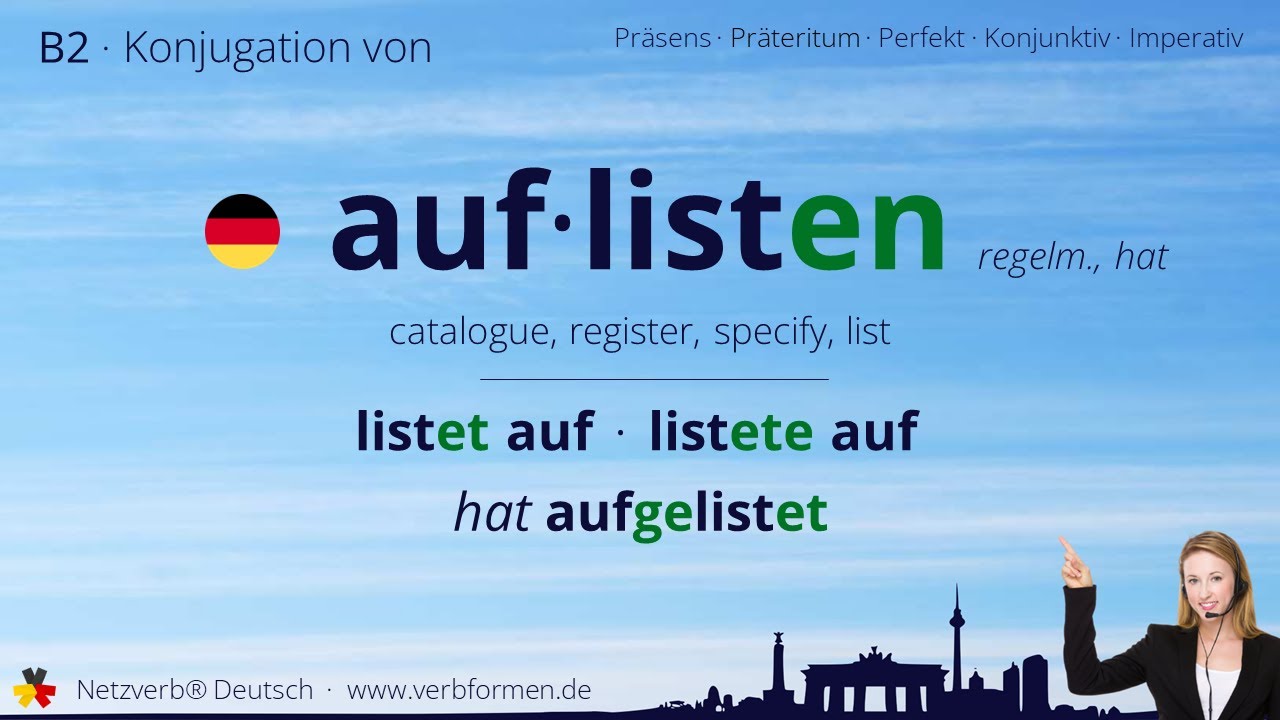 Konjugation Verb „auflisten“ (regelm., hat) - alle Zeitformen, Lernvideo, Tutorial