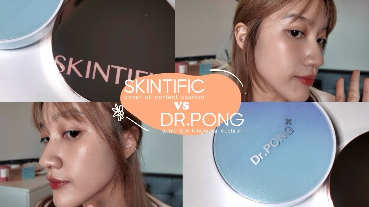 เปรียบเทียบครึ่งหน้า SKINTIFIC Cover All Perfect Cushion vs DR.PONG Acne ACE Longwear Cushion 💙🧡