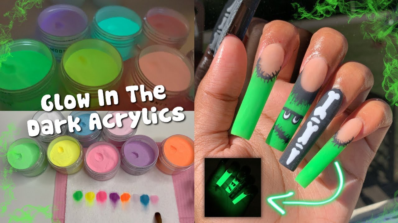 MODELONES GLOW IN THE DRAK ACRYLICS!! Frankenstein Halloween Nail Art | Acrylic Nails