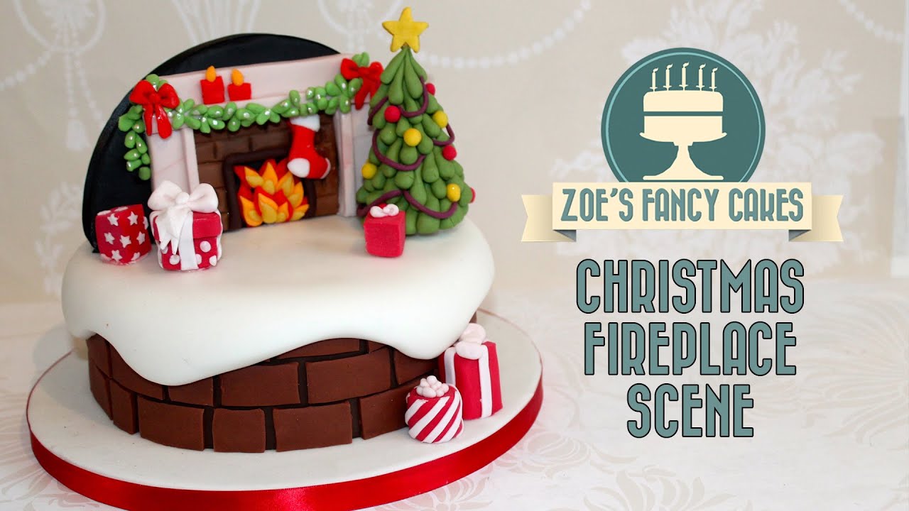 Christmas fireplace backdrop cake decorating snow theme How to Cake Decorate Tutorial