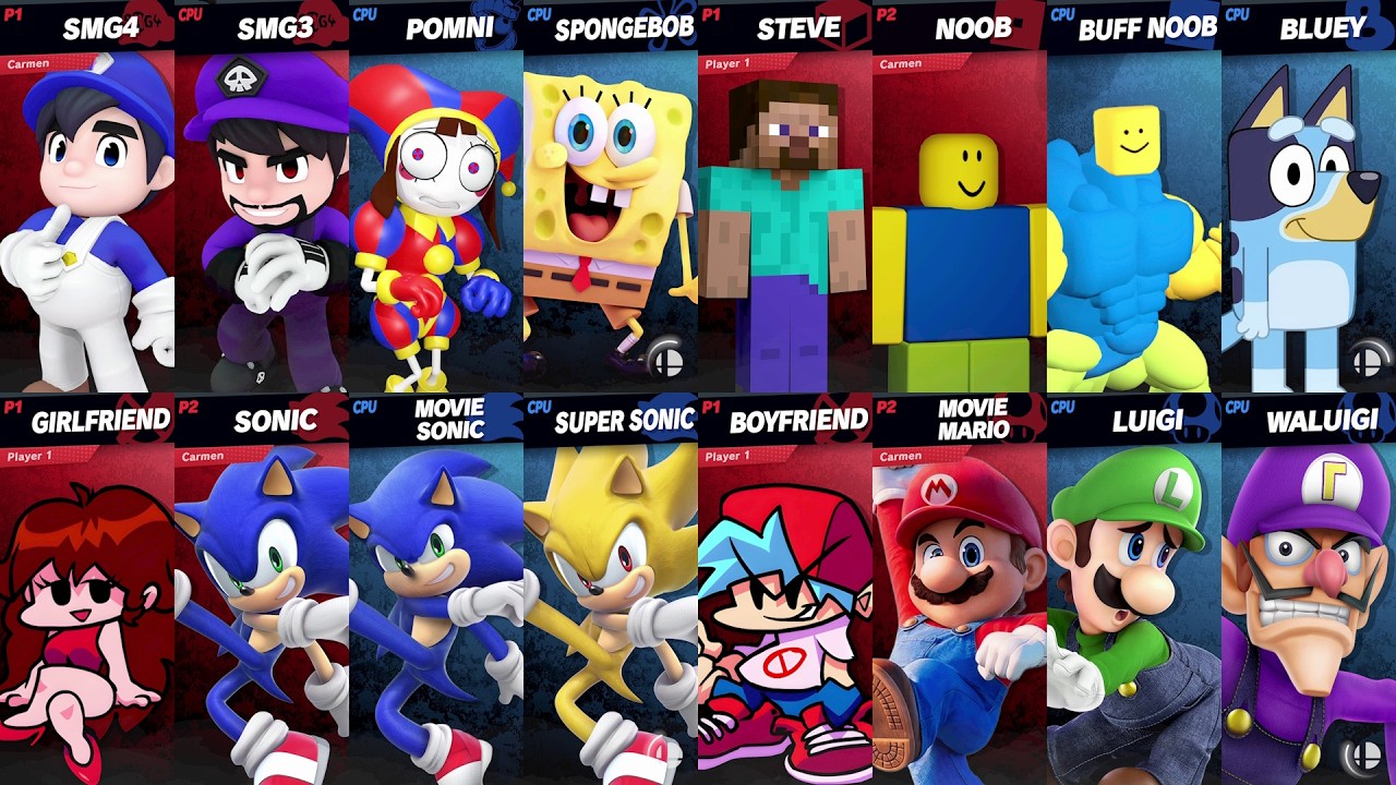 Sonic vs Mario vs Roblox vs Minecraft vs Bluey vs SpongeBob vs Girlfriend vs Steve | Smash Bros