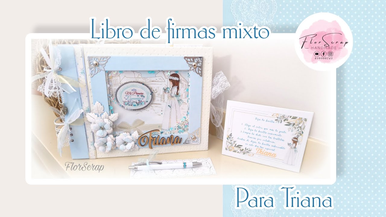 Libro de firmas mixto comunión niña en tonalidades celestes para TRIANA 🩵