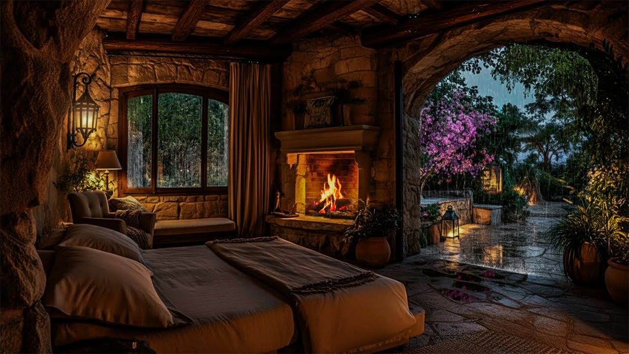 Cozy Rustic Spring Bedroom Rain 🌧️ Crackling Fireplace Sounds for Deep Sleep, Study & Relaxation