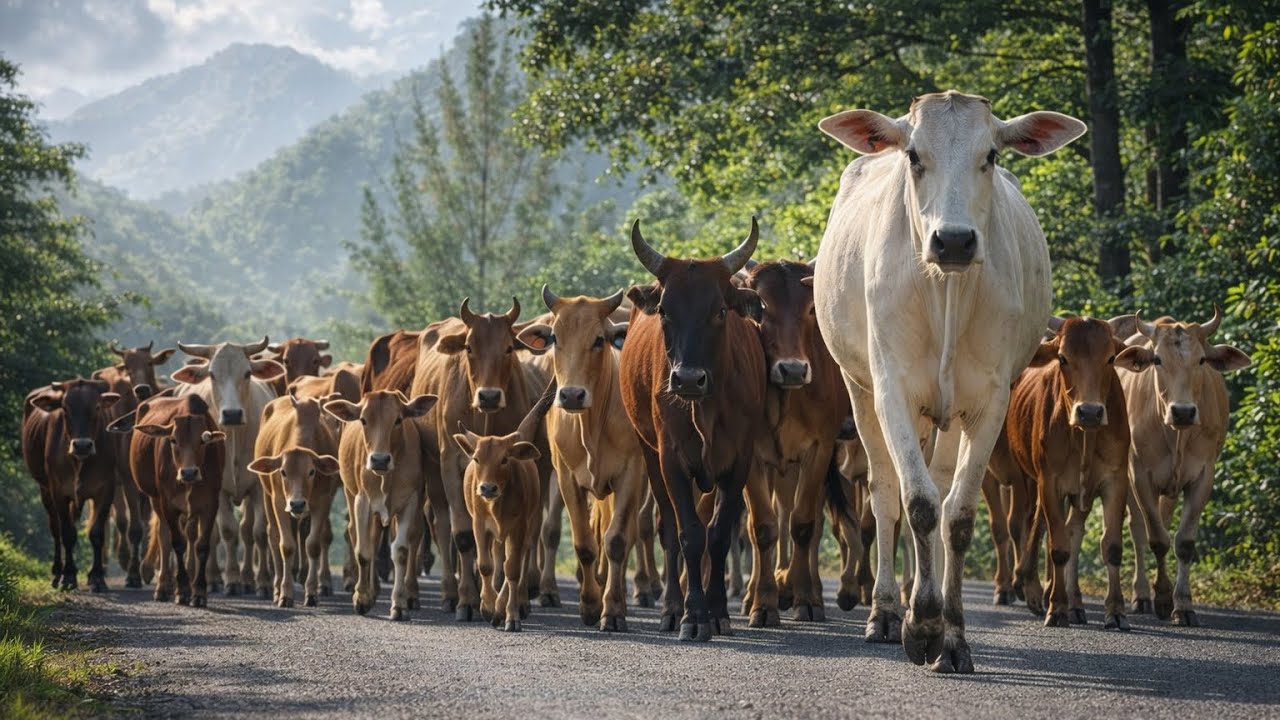 Puluhan sapi yang sedang berjalan di desa dengan pemandangan gunung dan jalan desa yang indah 