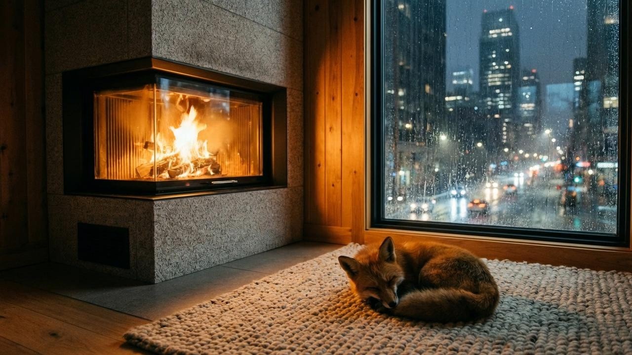Cozy Rain Ambience by the Fireplace with Sleeping Fox | City Rain Sounds for Deep Sleep & Relaxation