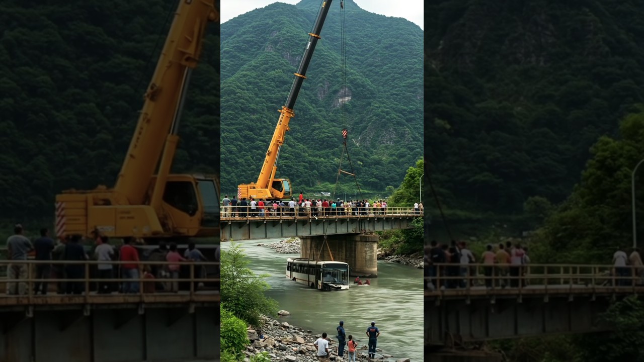 Tower crane lifts fallen bus.#heavylifting #bus