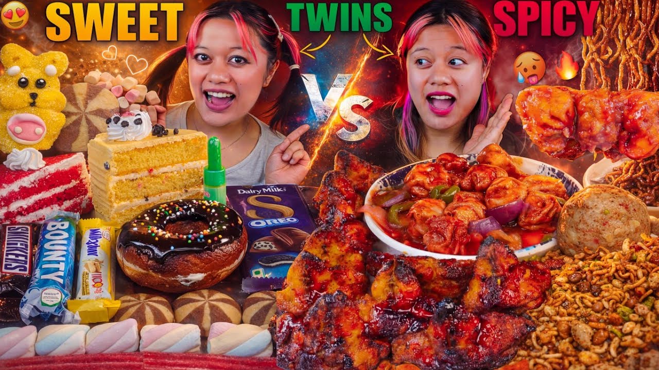 MUKBANG WITH MY TWIN 😱 SPICY vs SWEET CHALLENGE 🌶️🍫 | Chicken Diamond, C Momo, Chocolates, Pastries