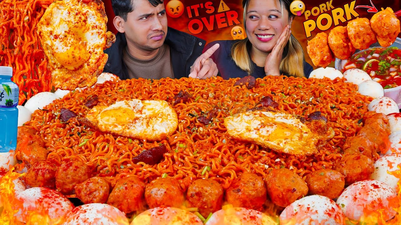 😅 PORK PRANK ON MY HUSBAND 😡 HE GOT REALLY ANGRY 🔥 SPICY NOODLES, MEATBALLS & EGGS MUKBANG