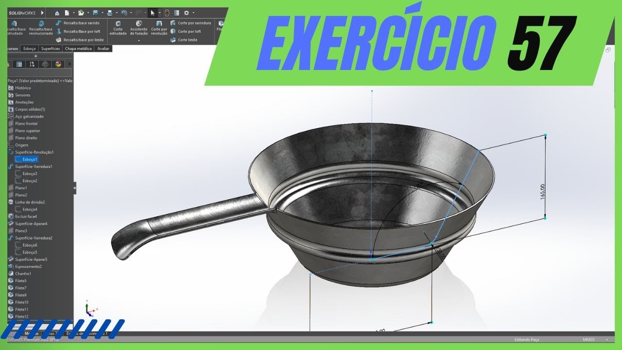 PANELA NO SOLIDWORKS - MODELAGEM 3D COM SUPERFÍCIES | EXERCÍCIO #57