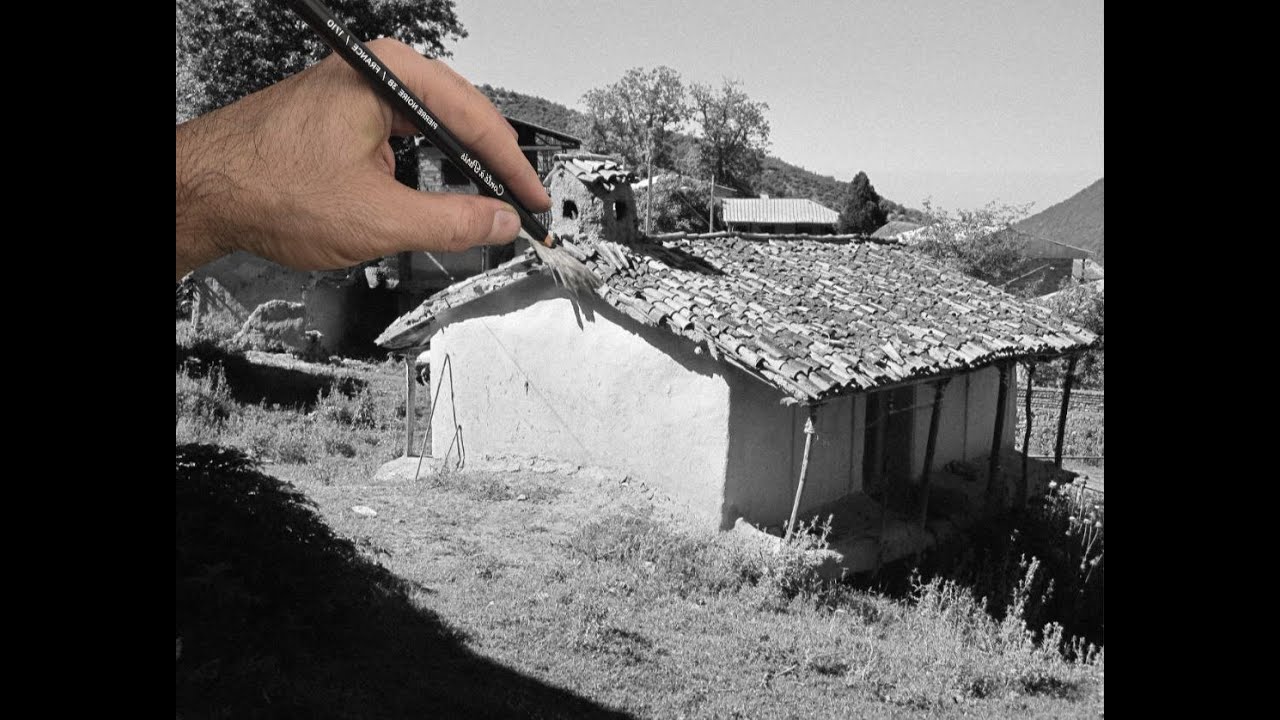 Village Cottage in Charcoal — Drawn with Conté Pierre Noire 3B