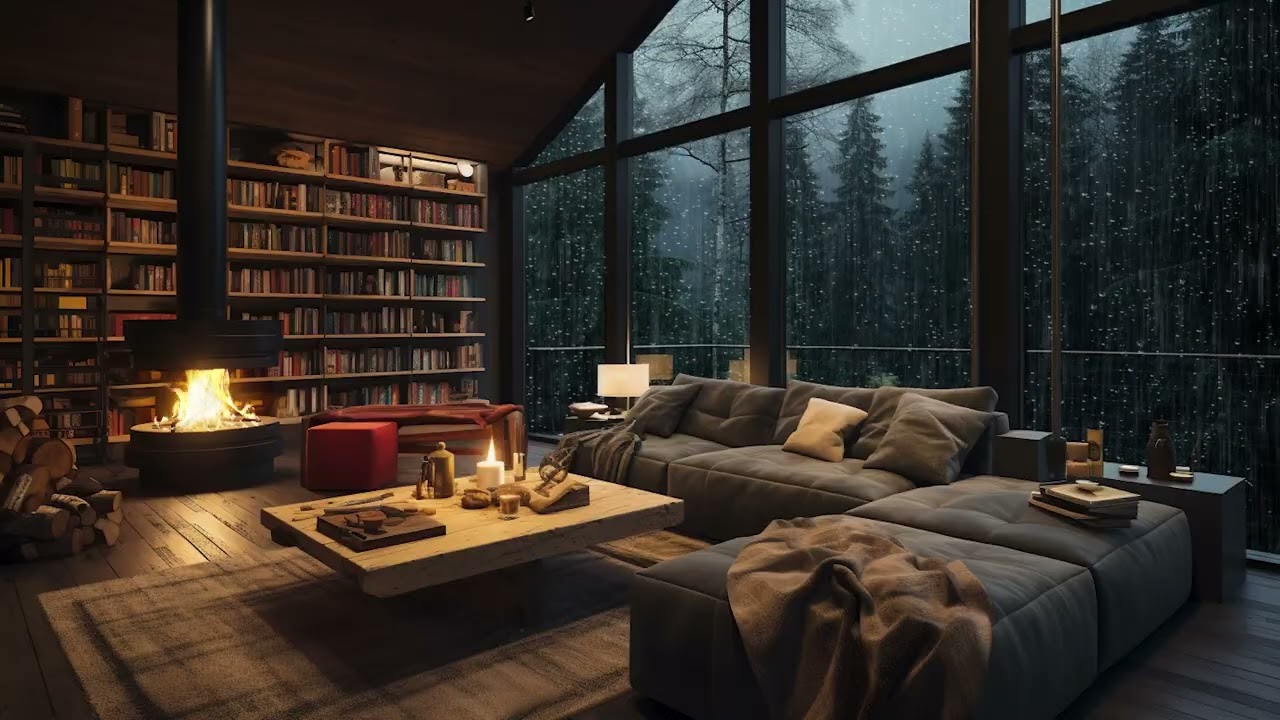 Heavy Rain Outside with Fireplace Sounds for Deep Sleep and Calm Mind at Night