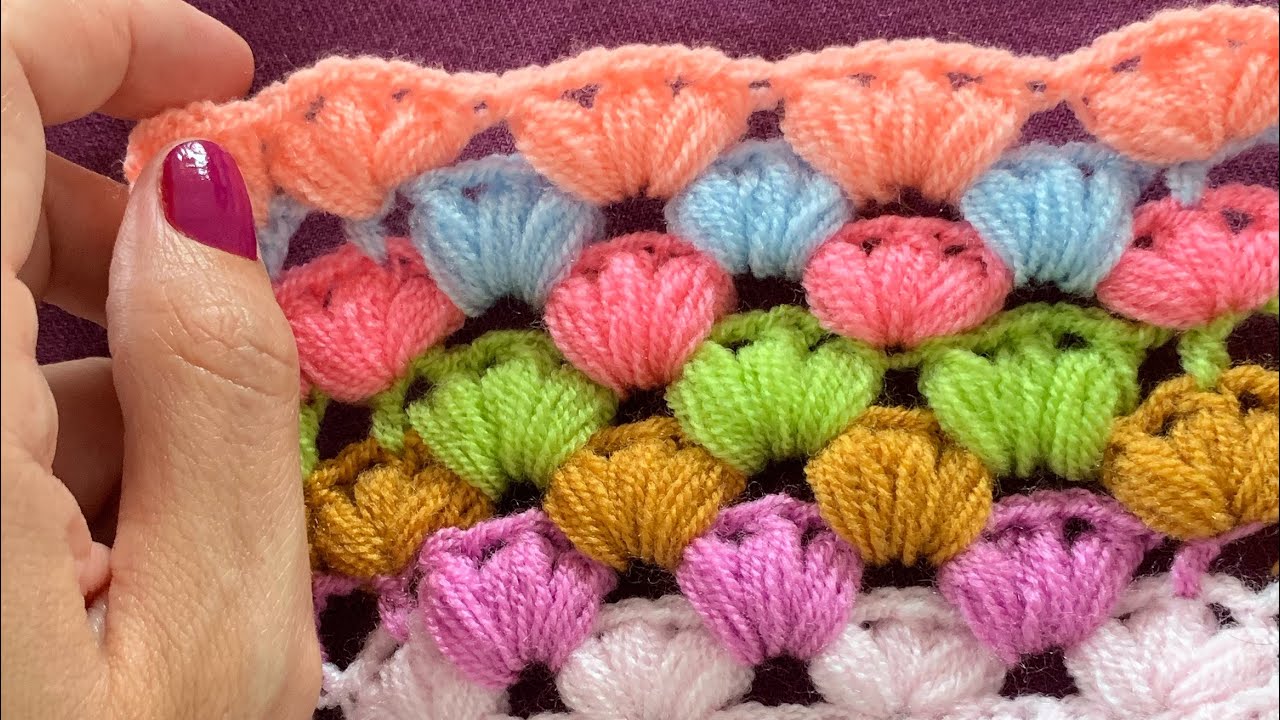 3 Yaprak Modeli / Crochet Puff Stitch Blanket