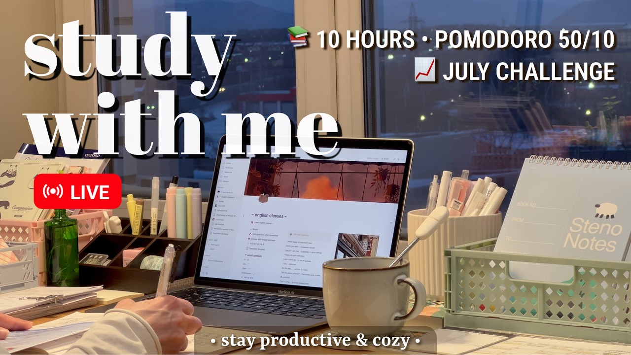 Challenge | 10 Hours &bull; Study With Me &bull; Pomodoro 50/10 | Fireplace Sound for Best Focus