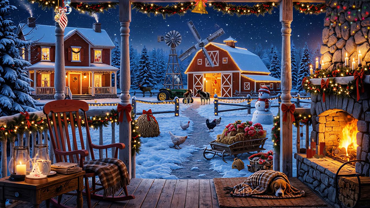🎄 Cozy Christmas Porch Ambience | Relaxing Farmhouse Winter Night, Crackling Fireplace & Snowfall❄