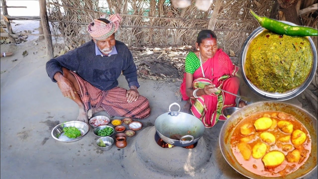EGG CURRY and GREEN MOTOR VORTA cooking for eating lunch by santali tribe aouple