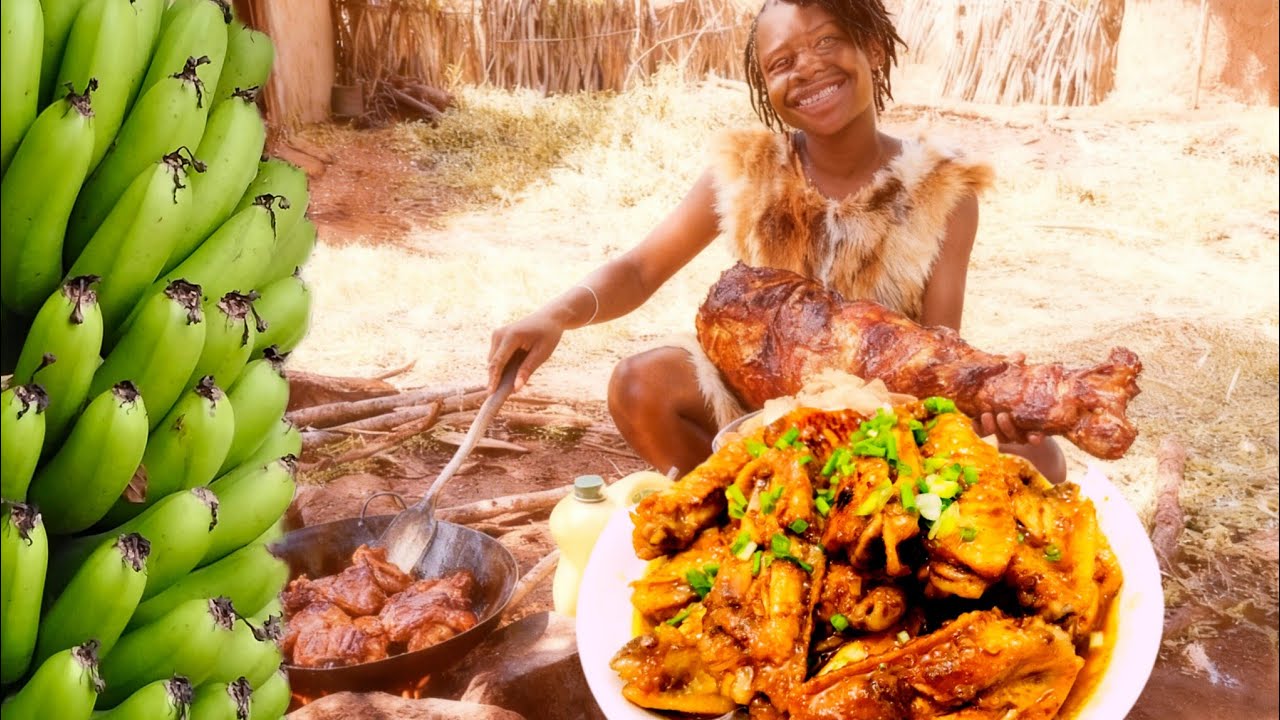 Typical village life//Local cooked bananas spiced with meat for my African family #cooking 