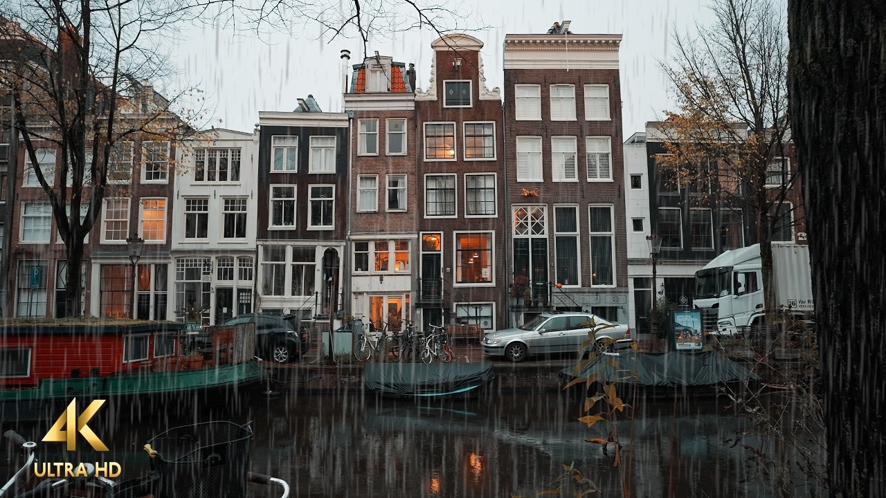 Rainy Morning Walk in Jordaan, Amsterdam • 4K ASMR Binaural Slow TV