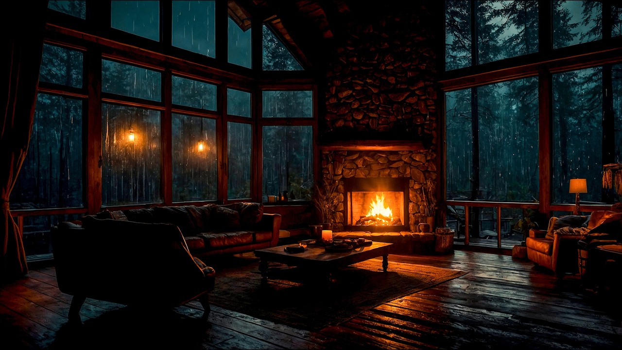 12 Hours Thunderstorm Cabin ⛈️ Rain & Fireplace Sounds for Deep Sleep | Cozy Storm Night 4K