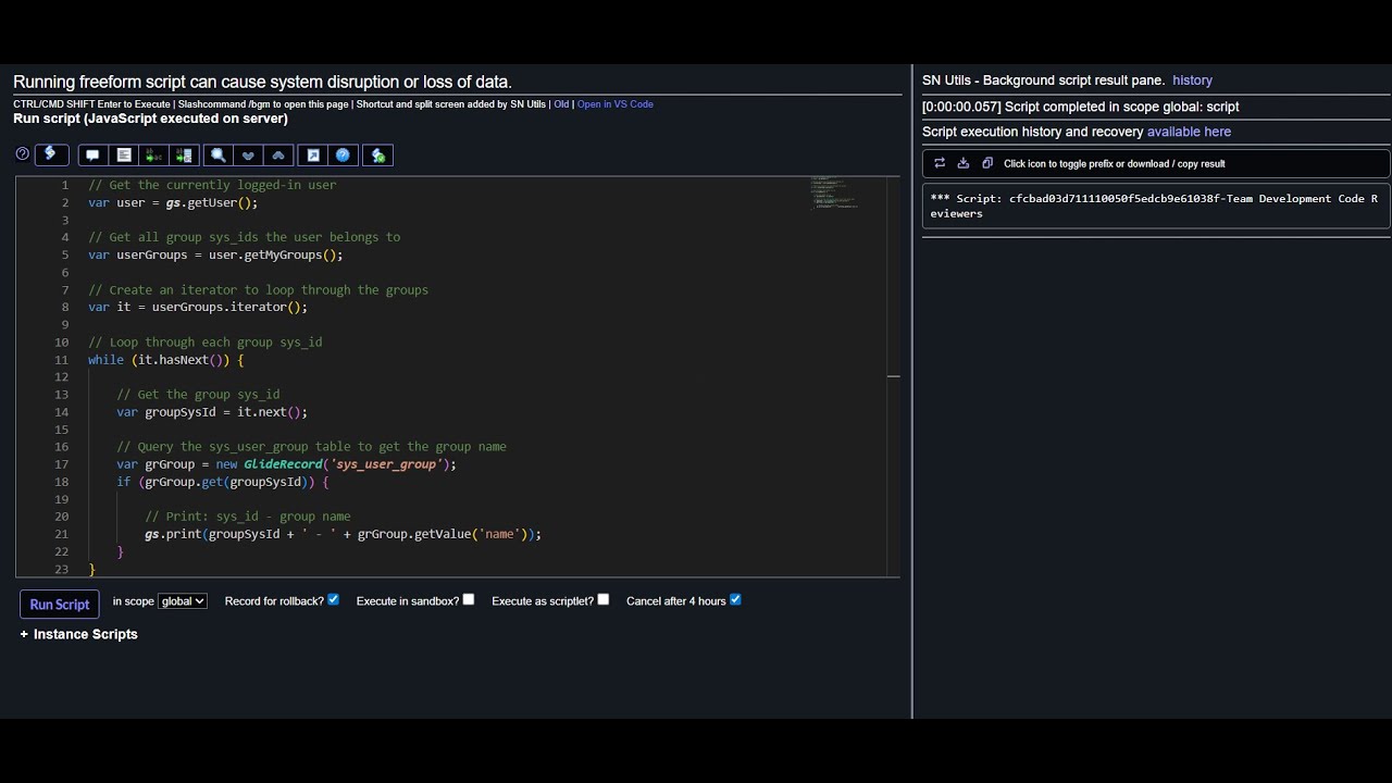 iterator() | gs.getUser() | getMyGroups() | while () and if() loops | ServiceNow