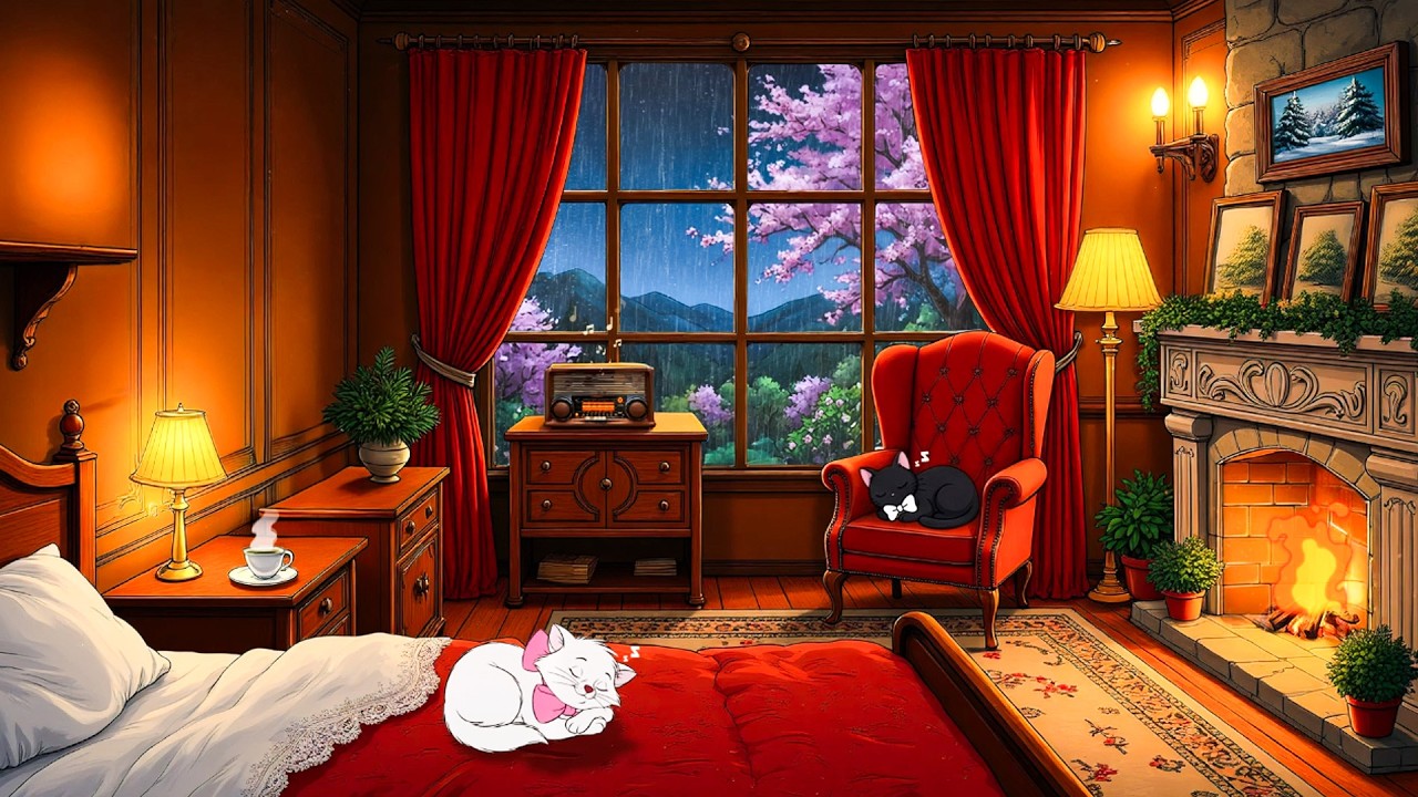 it's 1940s and you're listening to romantic vintage jazz on a cozy rainy night fireplace & rain soun