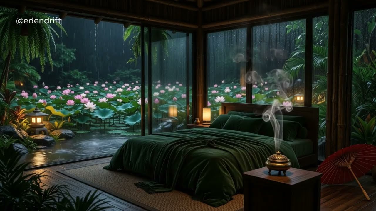 Heavy Rain on a Lotus Pond | 1 Hour of Deep Sleep Relaxation 🌧️