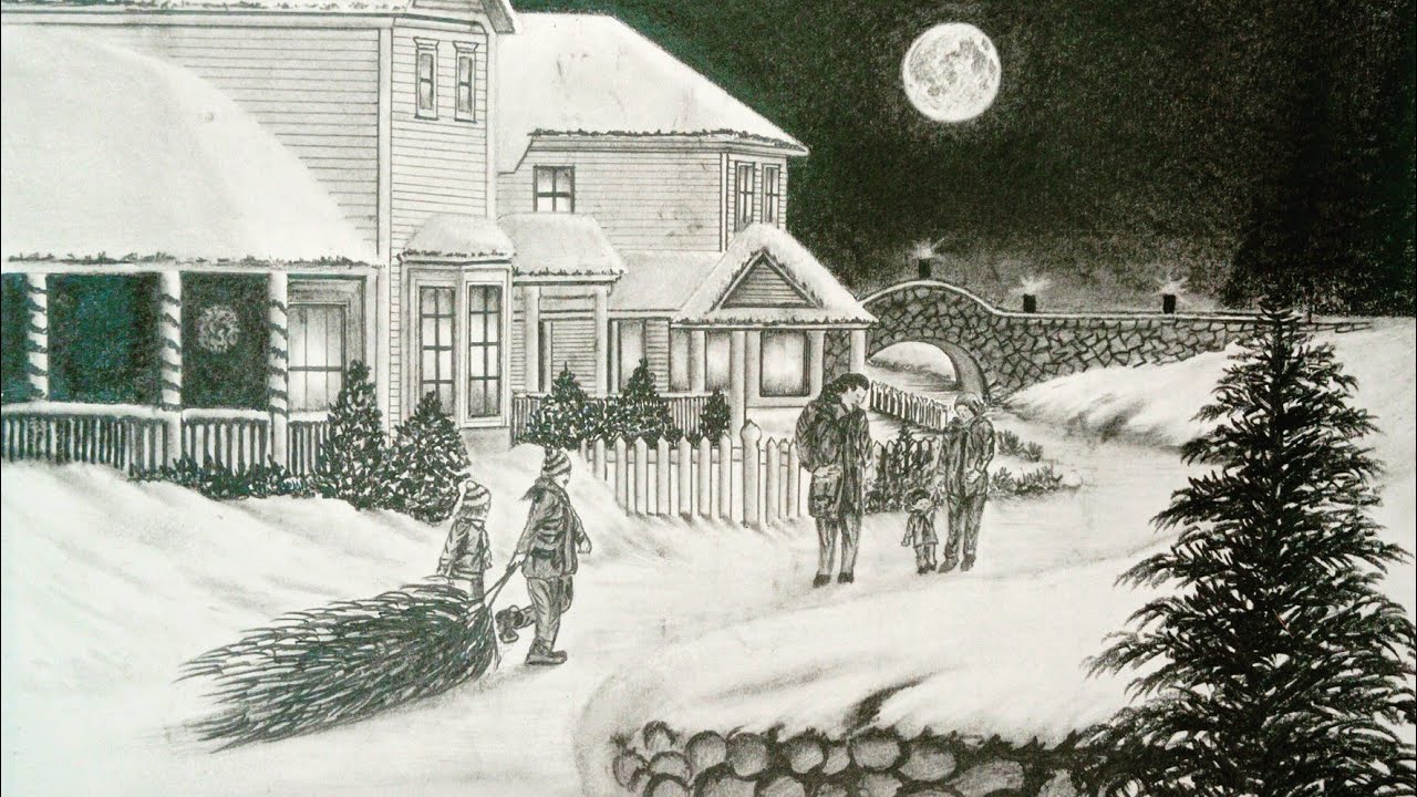Pencil drawing landscape for christmas season, Drawing winter season.