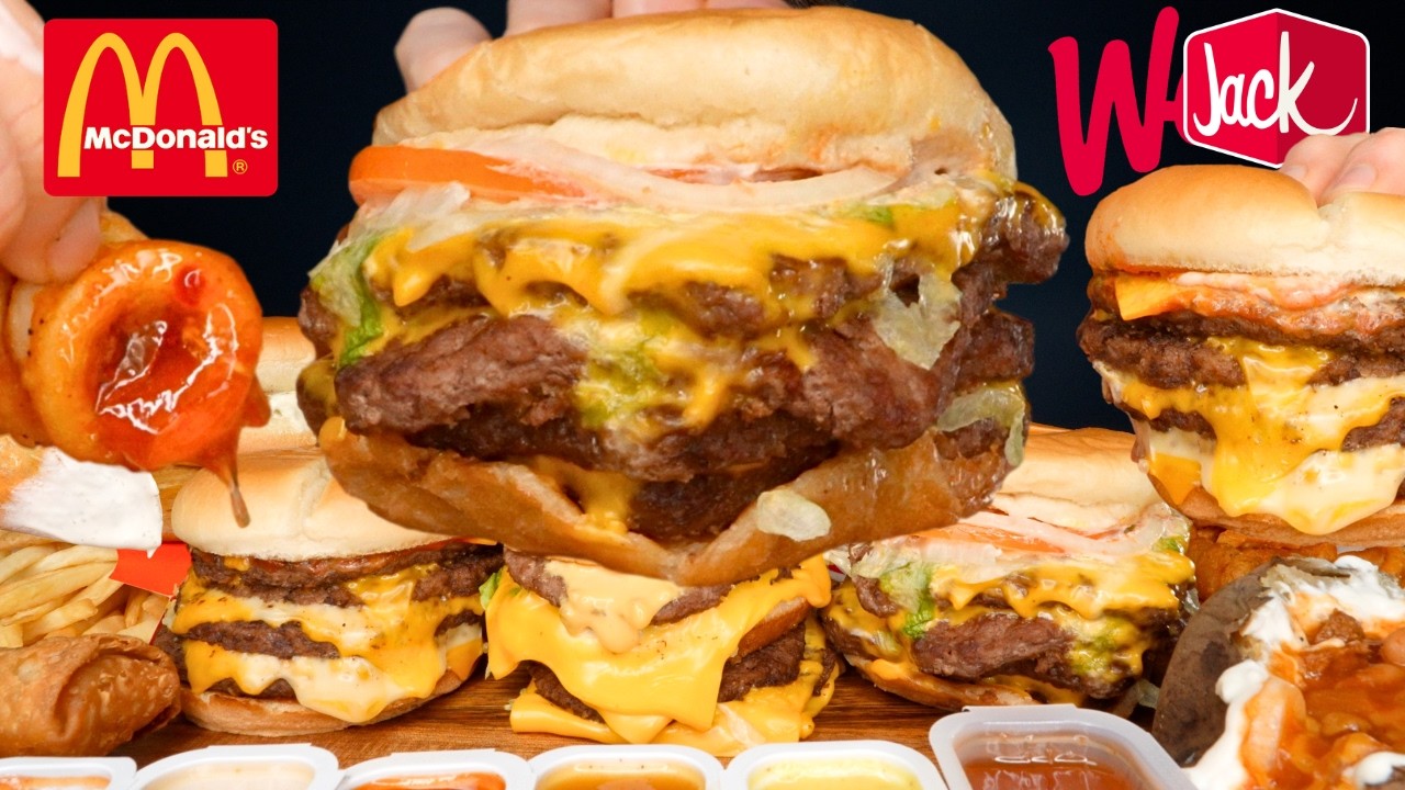 ASMR MUKBANG GIANT MCDONALDS VS WENDYS VS JACK IN THE BOX BURGERS AND FRIES | WITH CHEESE & CHICKEN
