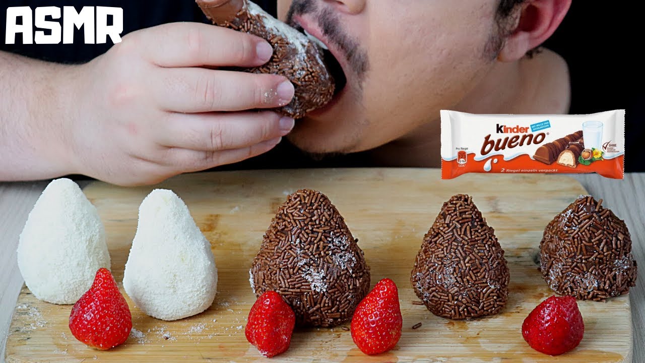 ASMR Coxinha De Chocolate Com Morango e Leite Ninho Com Kinder Bueno MukBang