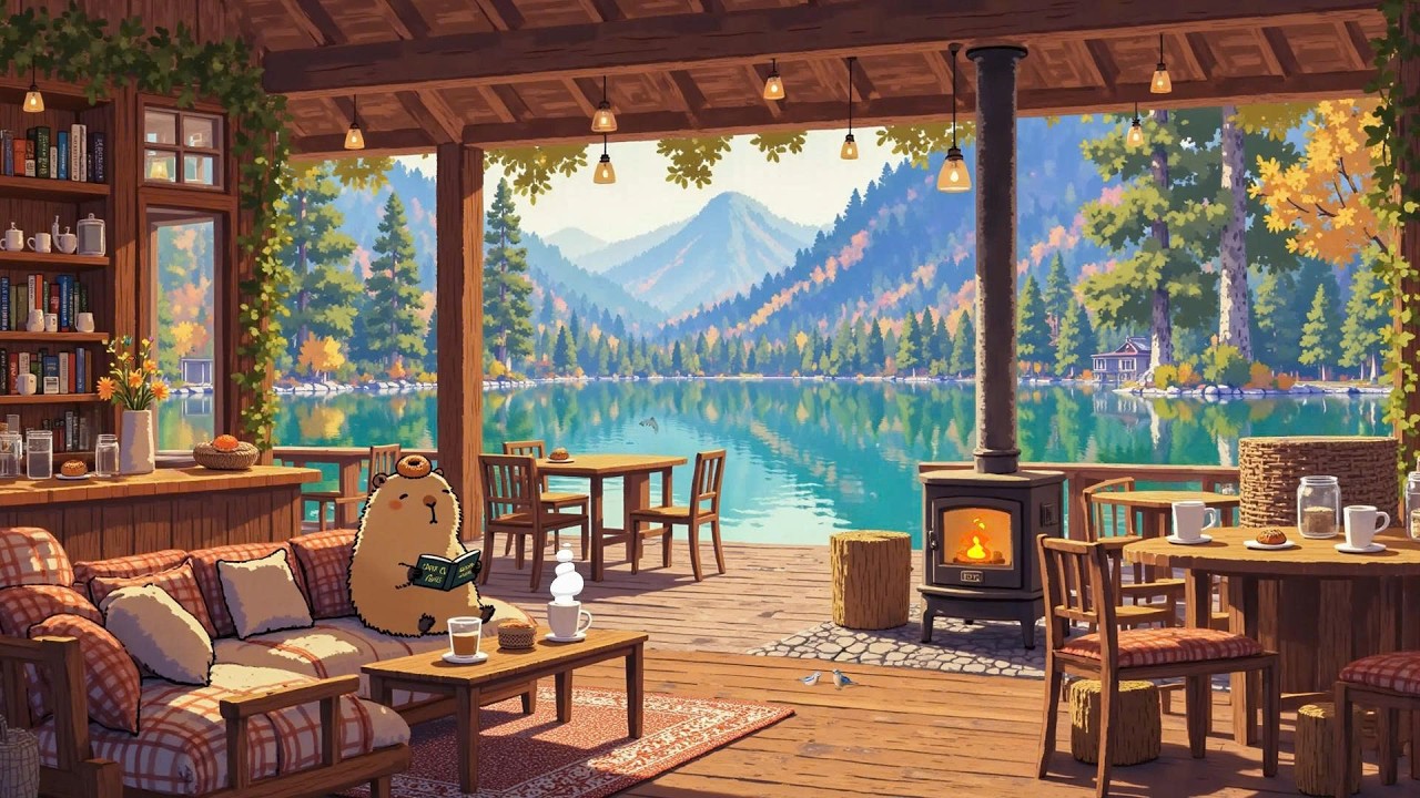 Lakeside Cafe Lofi Chill ☕ Cozy Porch by the Fireplace 🔥 Lofi Deep Focus to study/work/relax