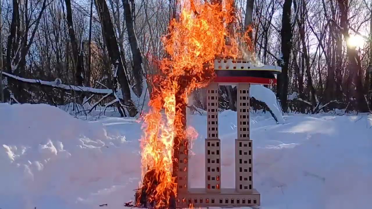 EPIC FIRE: 160cm Cardboard Titanic vs Skyscrapers (Slow Motion)