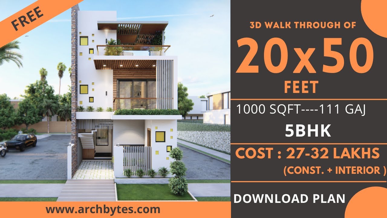 20*50 House Design 3D | 1000 Sqft | 111 Gaj  | 5 BHK | Modern  Design | Terrace Garden | 6x15 Meters