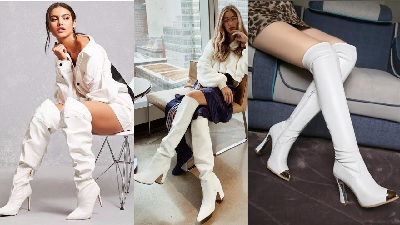 Elegant collection  of white leather knee boots and thigh high boots for ladies