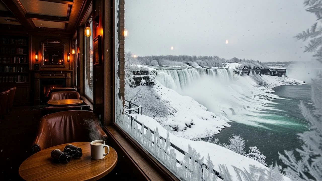 Winter at Niagara: Cozy Cafe Window View with Relaxing Music ❄️☕