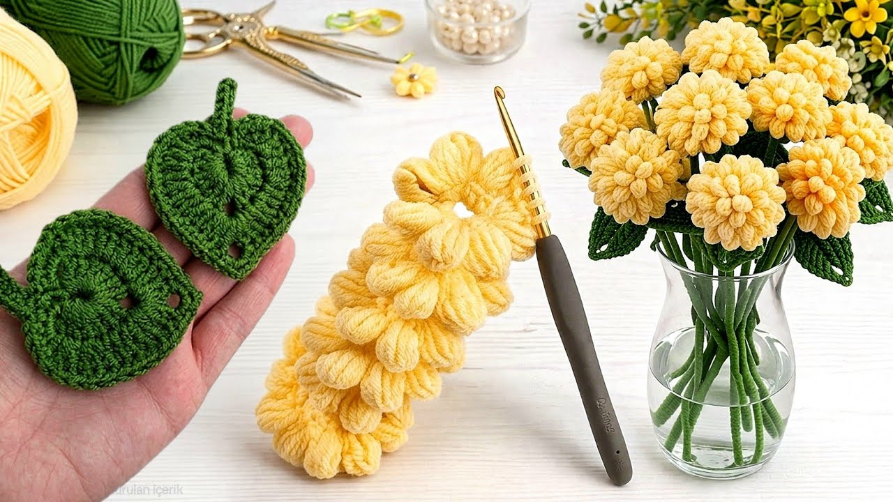 Everyone Is Making This! 💛 Easy Crochet Puff Flower & Leaf Tutorial | Stunning DIY Bouquet