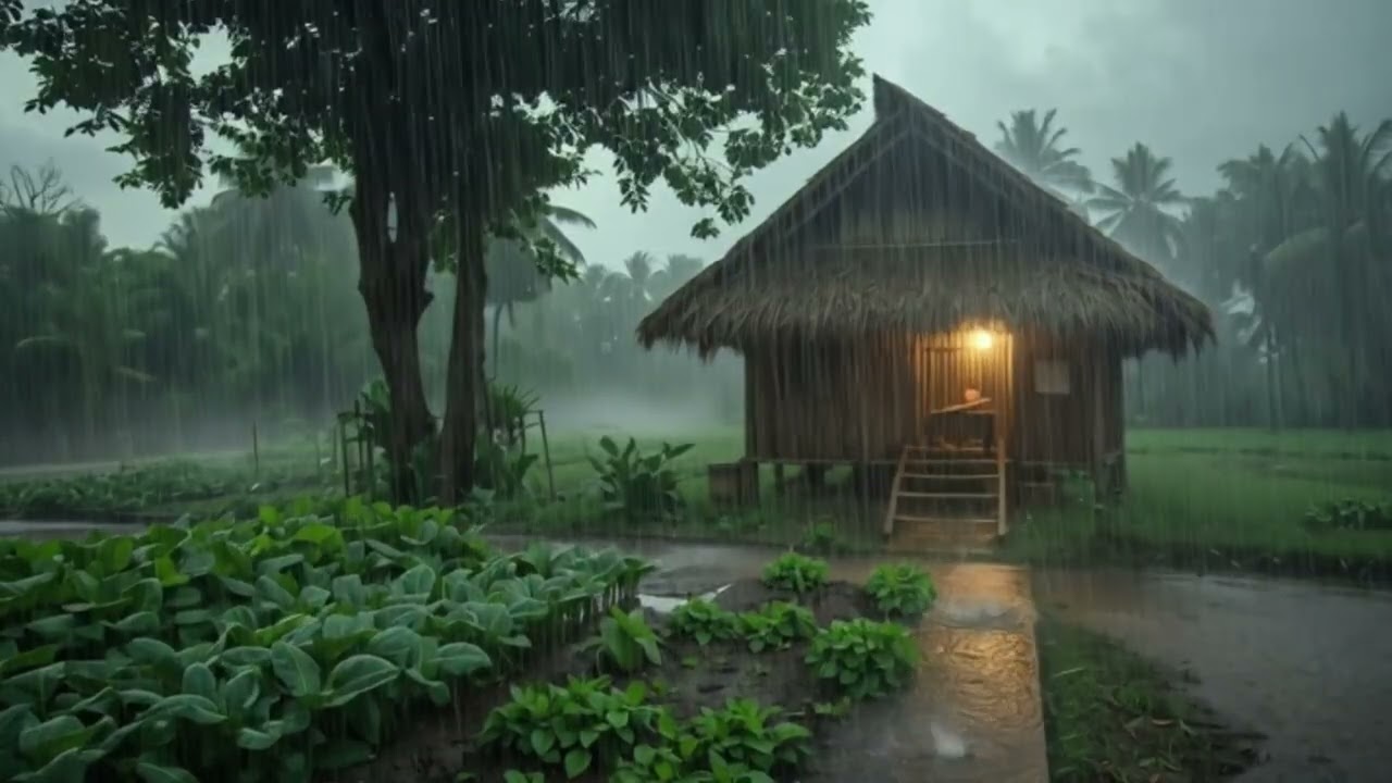 Tropical Rain at a Cozy Bamboo Hut 🌧️ 2 Hours Indonesian Village Night Ambience