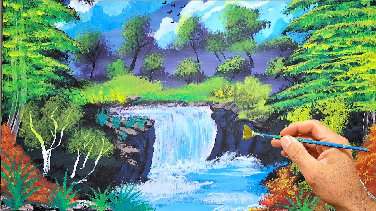 Картина акриловыми красками/Пейзажная живопись Водопад в лесу Эпизод 22~