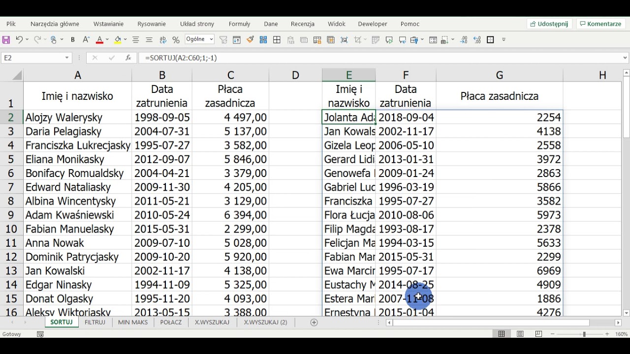 Excel 365 - funkcja SORTUJ