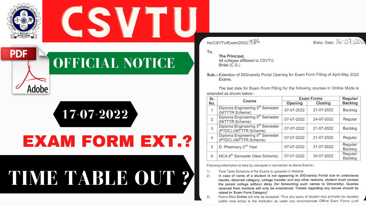 EXAM FORM DATES EXTENDED | TIME TABLE OUT | CSVTU