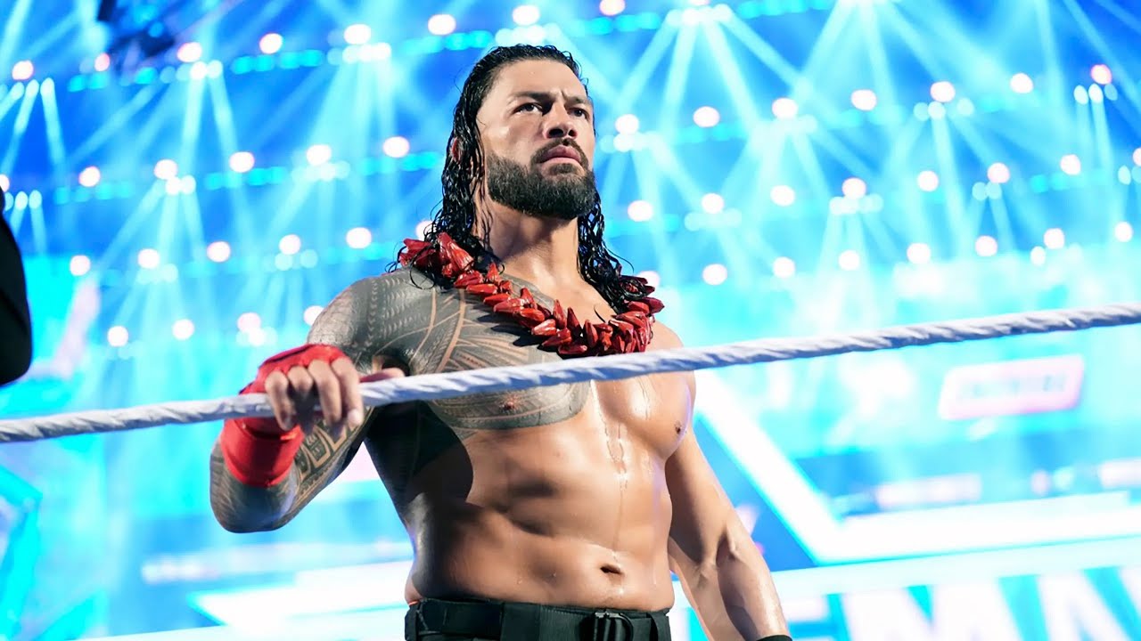 Wrestlemania 38 roman reigns exit with announcers and pyro
