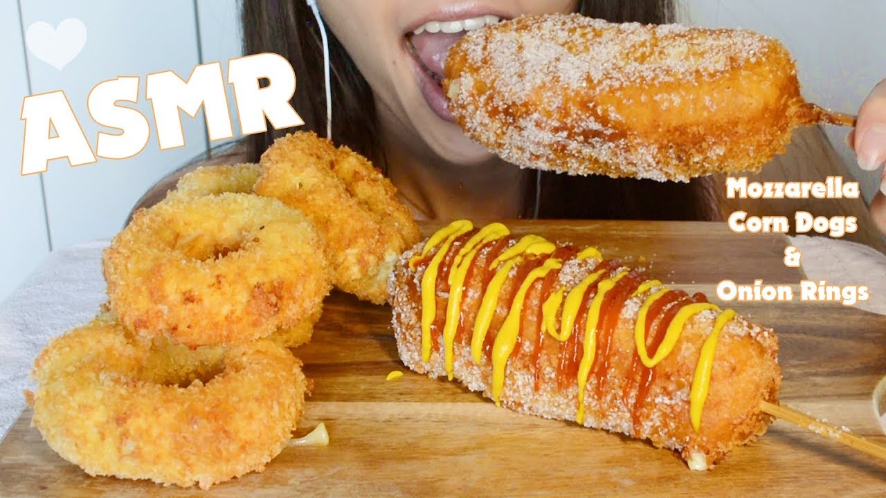 ASMR GIANT MOZZARELLA CORN DOGS & MOZZARELLA ONION RINGS - EXTREME CRUNCH EATING SOUNDS