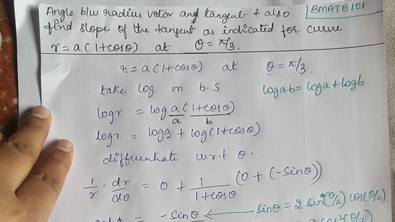 Угол b/w Радиус Вектор и касательная и найти наклон: Решение | r = a ( 1 + cos θ ) при θ = π/3