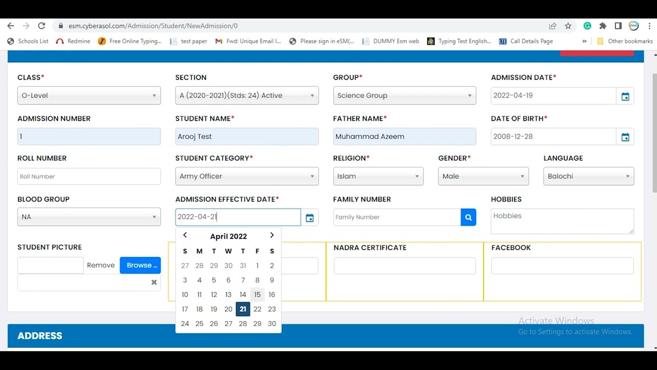 Admission Screen | ESM school management system | Cyber Advance Solutions
