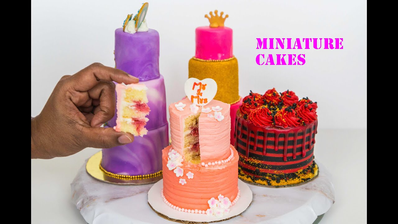 Miniature cakes - Geode Cake, wedding cake, Birthday Stripes Cake, Pink and Gold Cake.